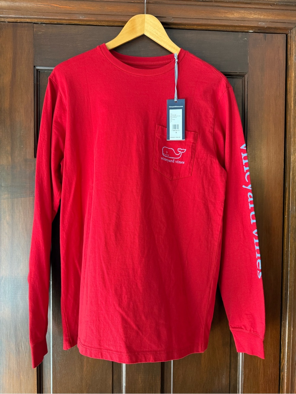 Vineyard Vines Red Long-Sleeve Pocket Tee with Sleeve Logo
